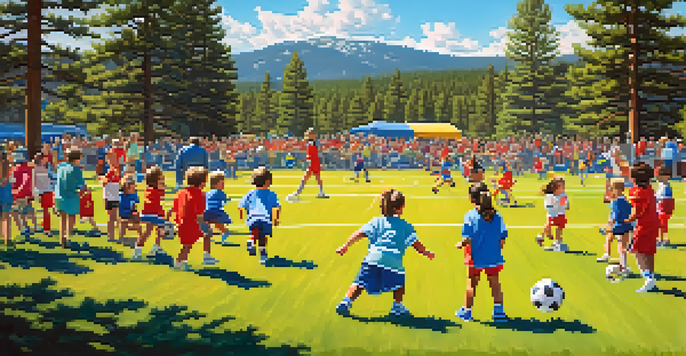 A lively community sports event in Big Bear with families cheering for children playing soccer on a sunny day, surrounded by lush pine trees.