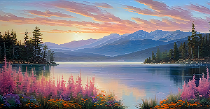 A picturesque view of Big Bear Lake at sunrise with mist, wildflowers in the foreground, and mountains in the background.