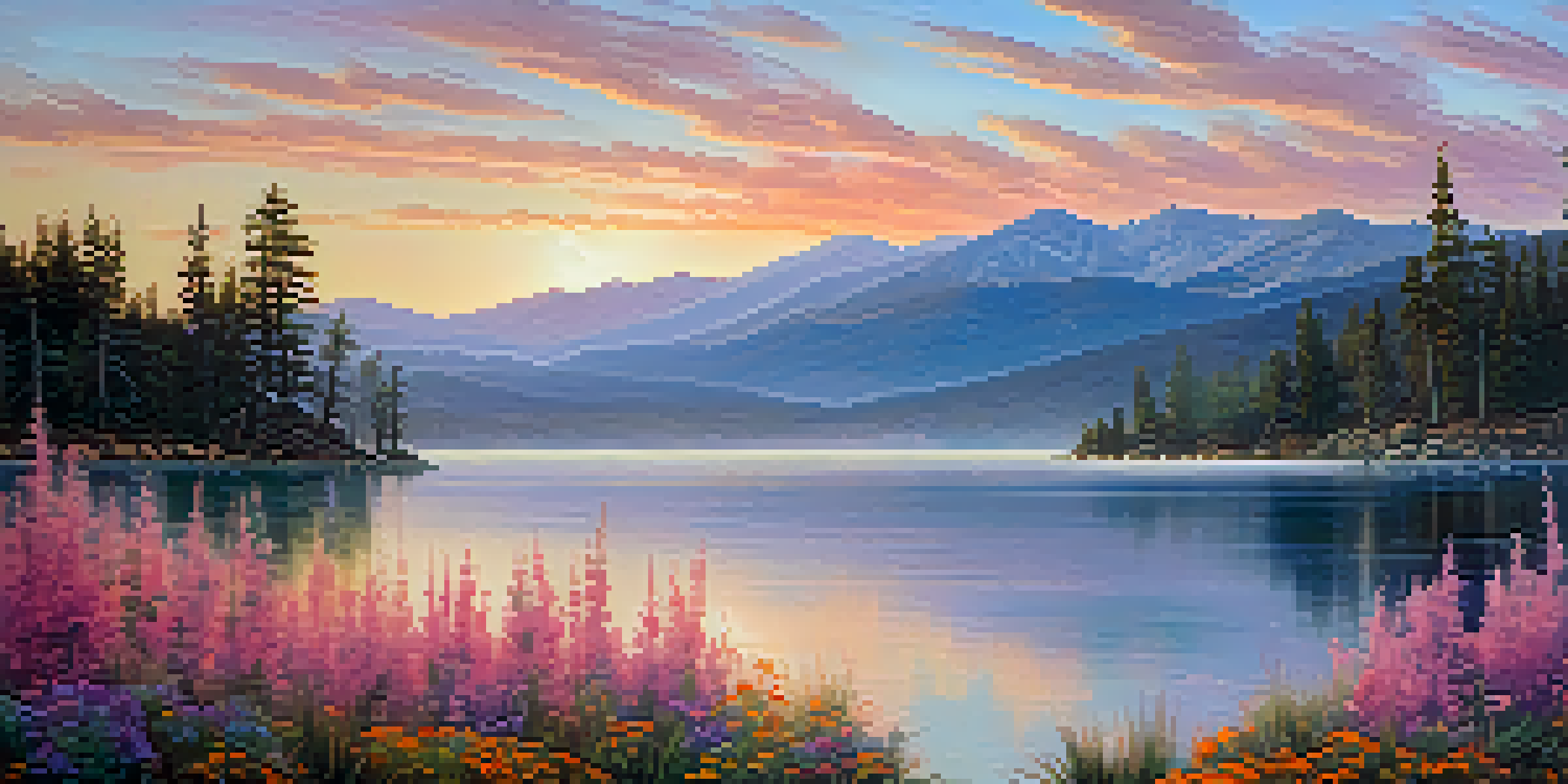 A picturesque view of Big Bear Lake at sunrise with mist, wildflowers in the foreground, and mountains in the background.