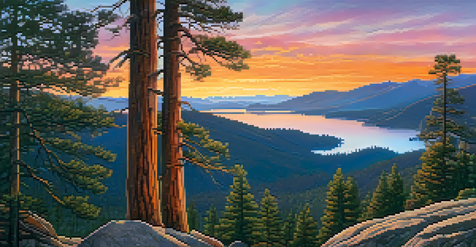 A panoramic view from Castle Rock Trail Overlook at sunrise, featuring colorful skies and Big Bear Lake.