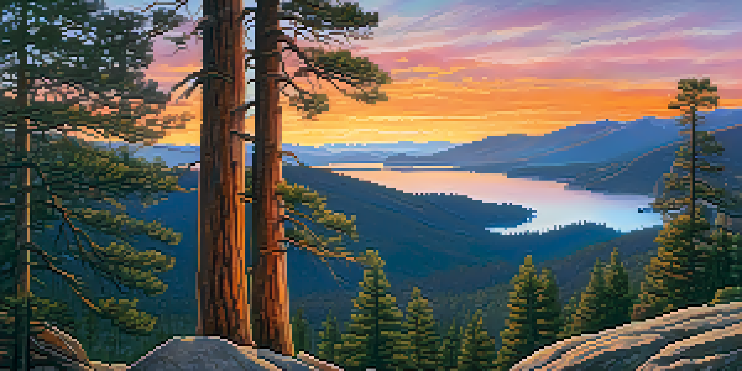 A panoramic view from Castle Rock Trail Overlook at sunrise, featuring colorful skies and Big Bear Lake.