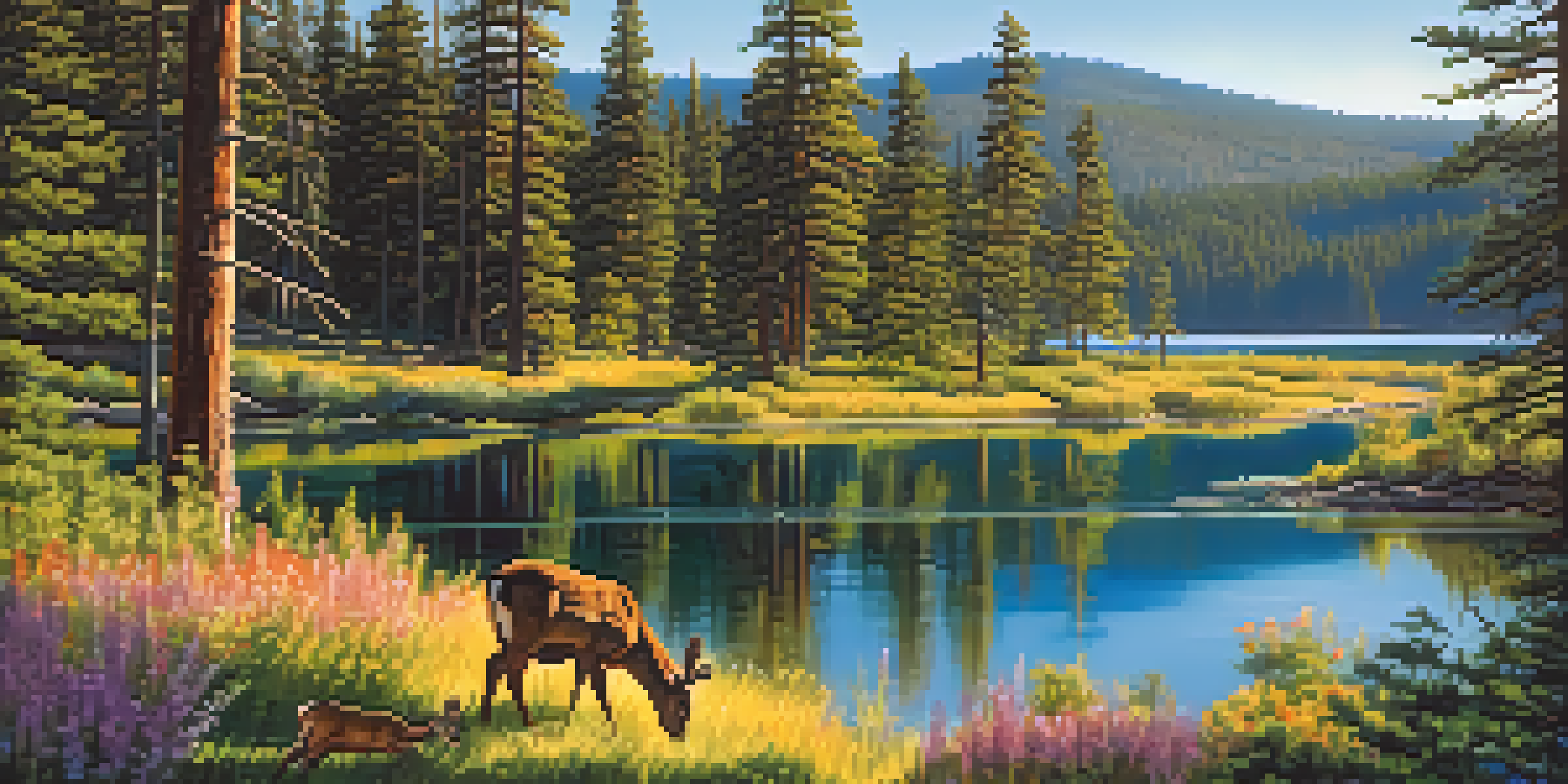 A picturesque scene featuring Big Bear Lake with deer grazing near the water's edge, surrounded by colorful wildflowers and dense forests under a clear blue sky.