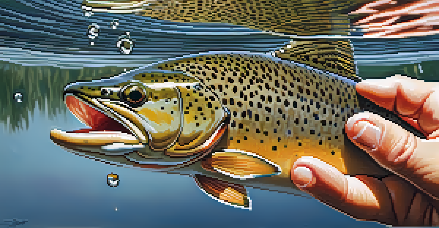 A close-up of a trout being released into the lake, with water droplets splashing around it.