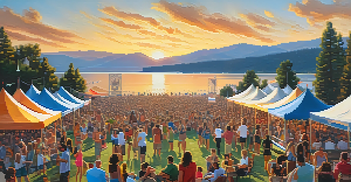 A lively outdoor music festival at Big Bear Lake with colorful tents, families, and musicians on stage, set against the San Bernardino Mountains during sunset.