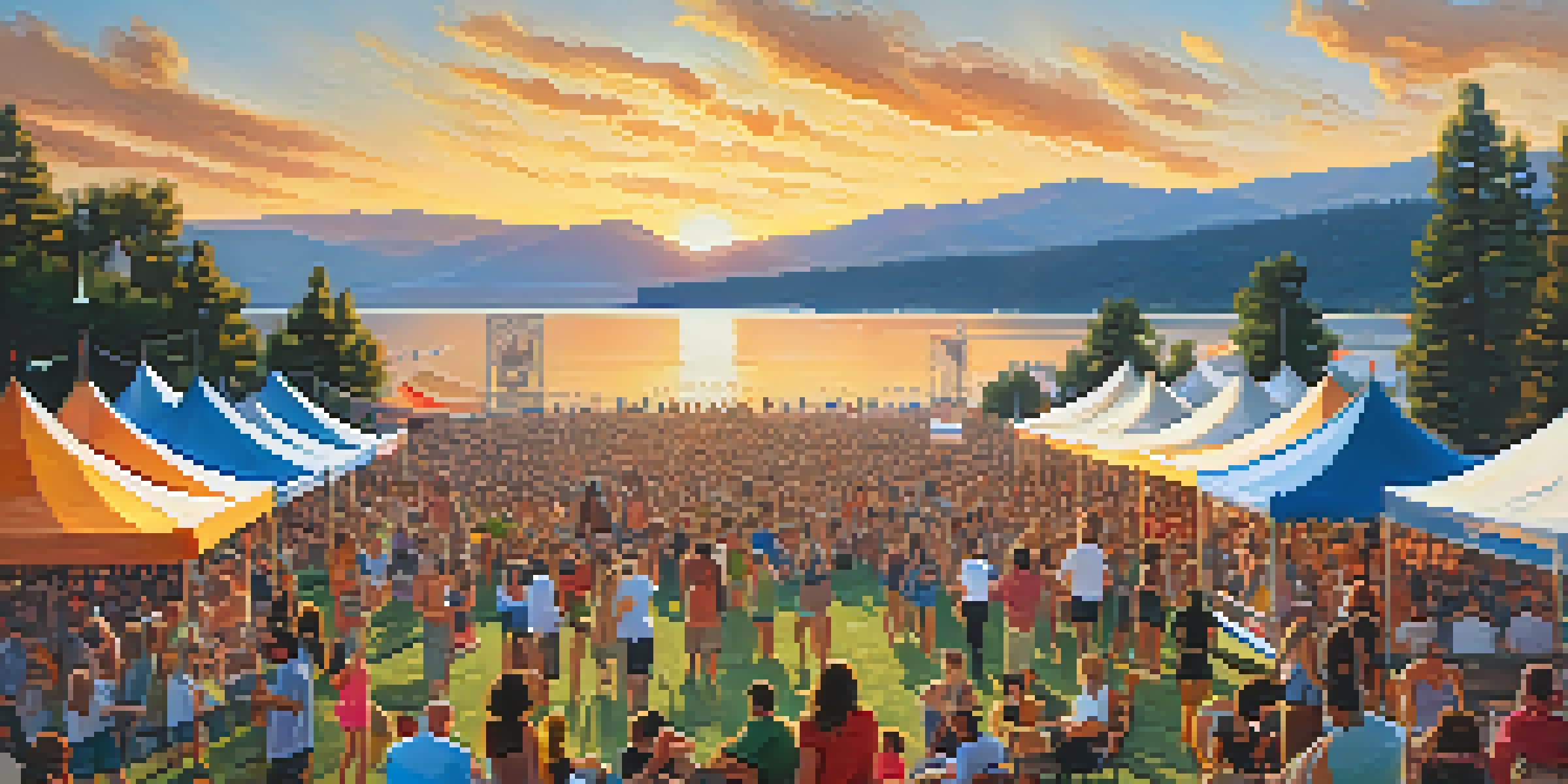 A lively outdoor music festival at Big Bear Lake with colorful tents, families, and musicians on stage, set against the San Bernardino Mountains during sunset.