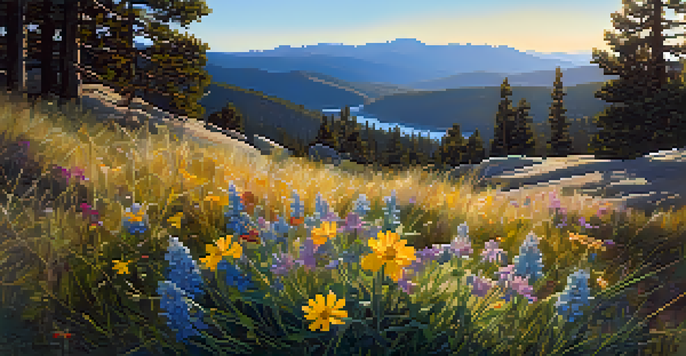 A scenic landscape of colorful wildflowers in Big Bear, with mountains in the background and soft sunlight illuminating the scene.