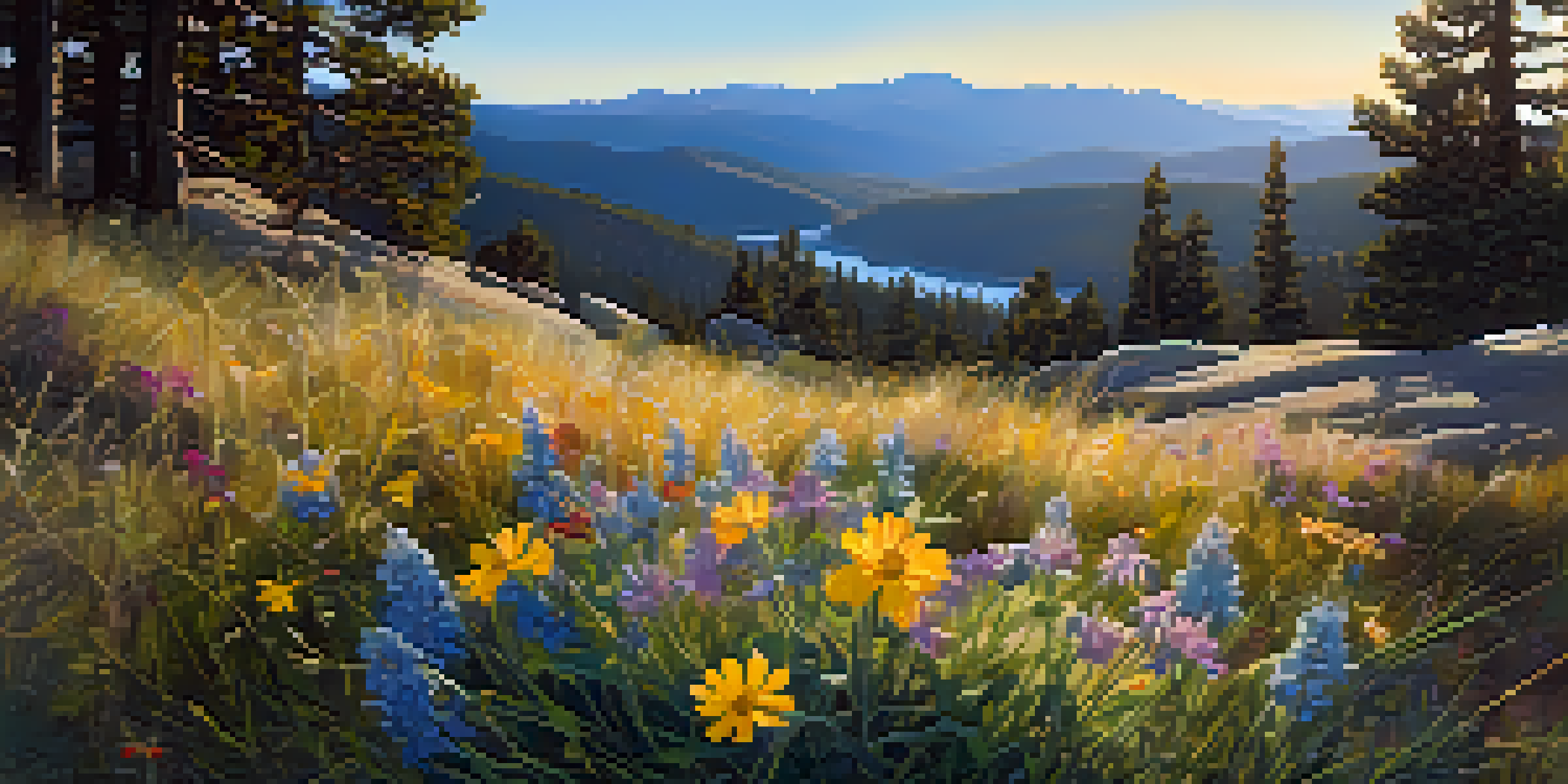 A scenic landscape of colorful wildflowers in Big Bear, with mountains in the background and soft sunlight illuminating the scene.