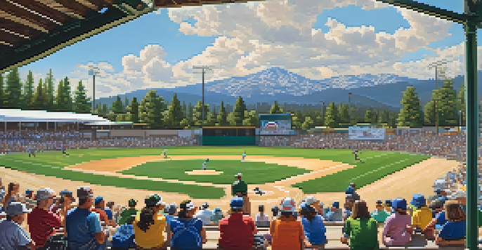 A lively summer baseball game at Big Bear with players in colorful uniforms, spectators cheering, and mountains in the background.
