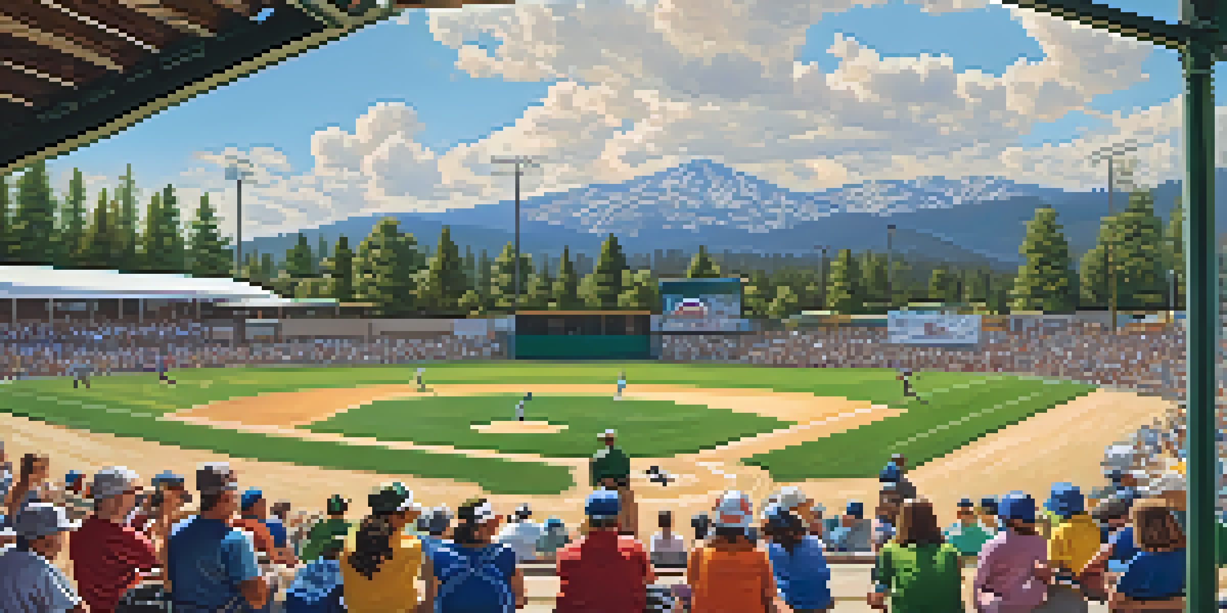 A lively summer baseball game at Big Bear with players in colorful uniforms, spectators cheering, and mountains in the background.