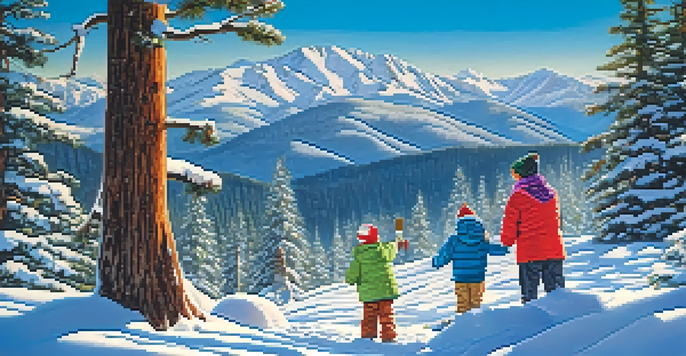 A family building a snowman in a snowy landscape, surrounded by trees and mountains.