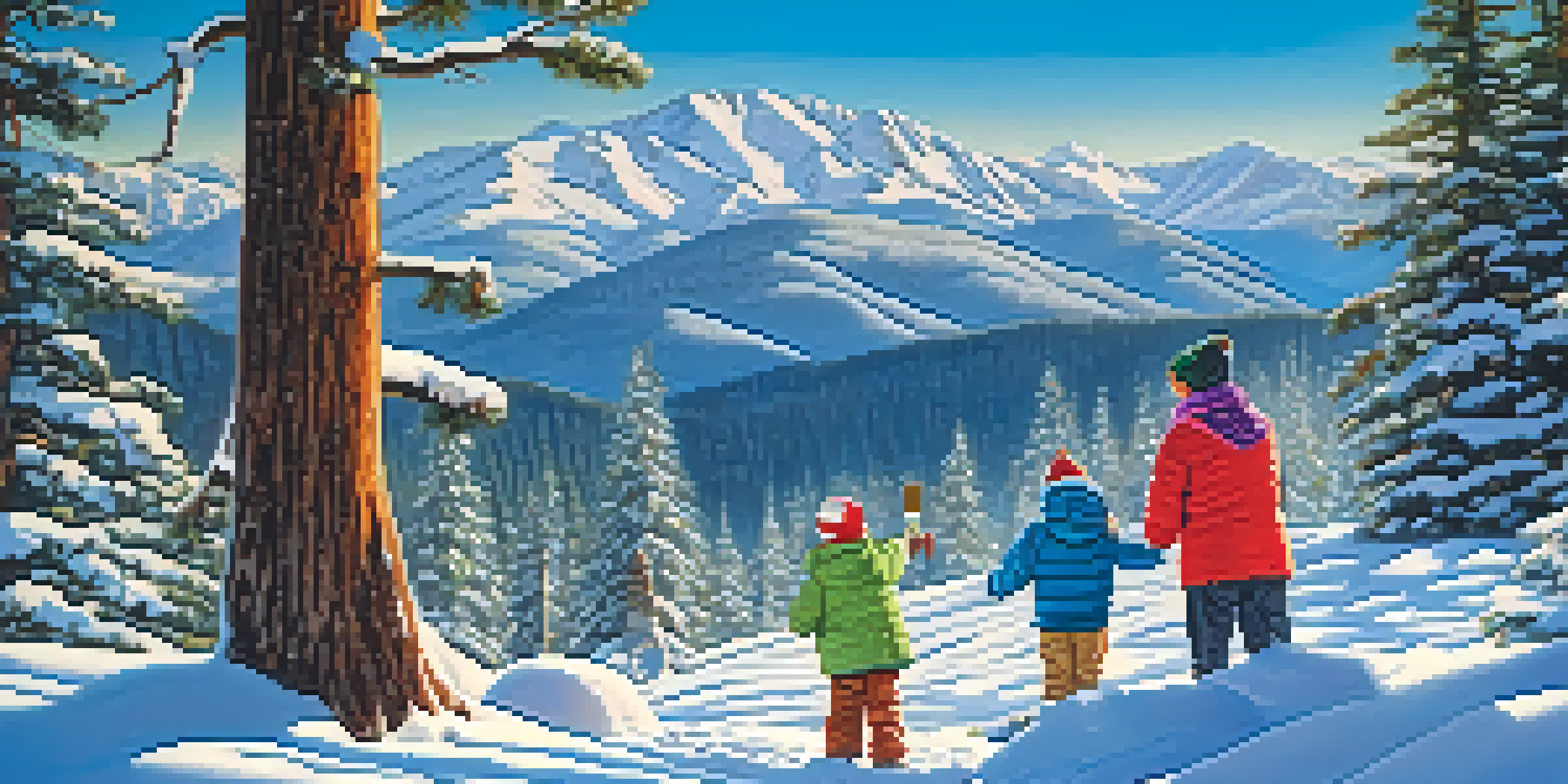 A family building a snowman in a snowy landscape, surrounded by trees and mountains.