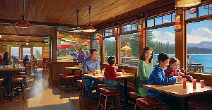 A family dining in a cozy restaurant with wooden decor, colorful dishes, and children enjoying arcade games.