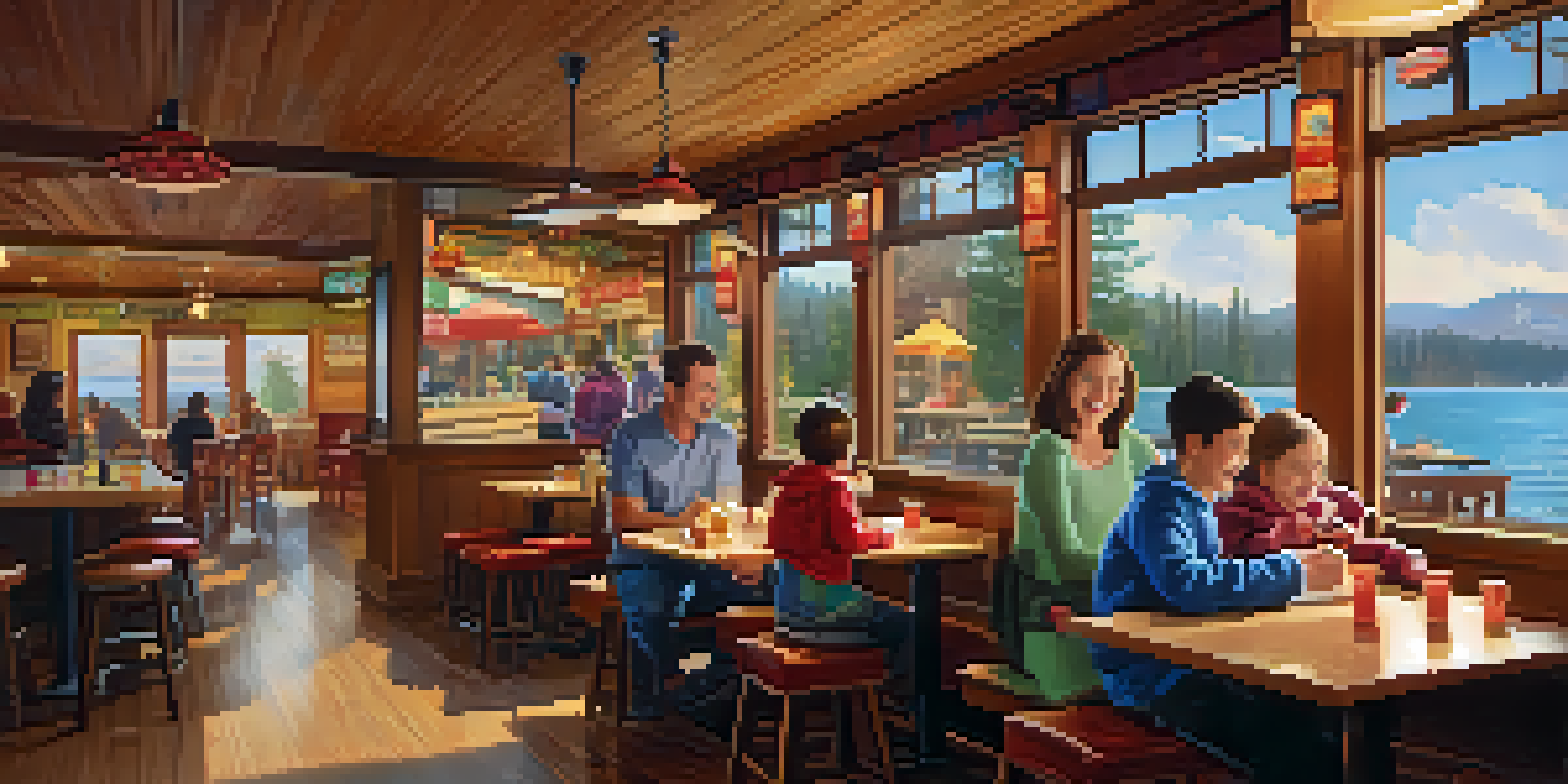 A family dining in a cozy restaurant with wooden decor, colorful dishes, and children enjoying arcade games.