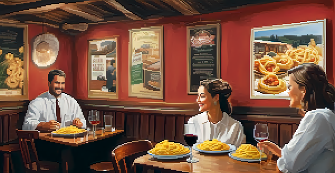 Interior of a cozy Italian restaurant with wooden tables, warm lighting, and a table set with homemade pasta and wine.