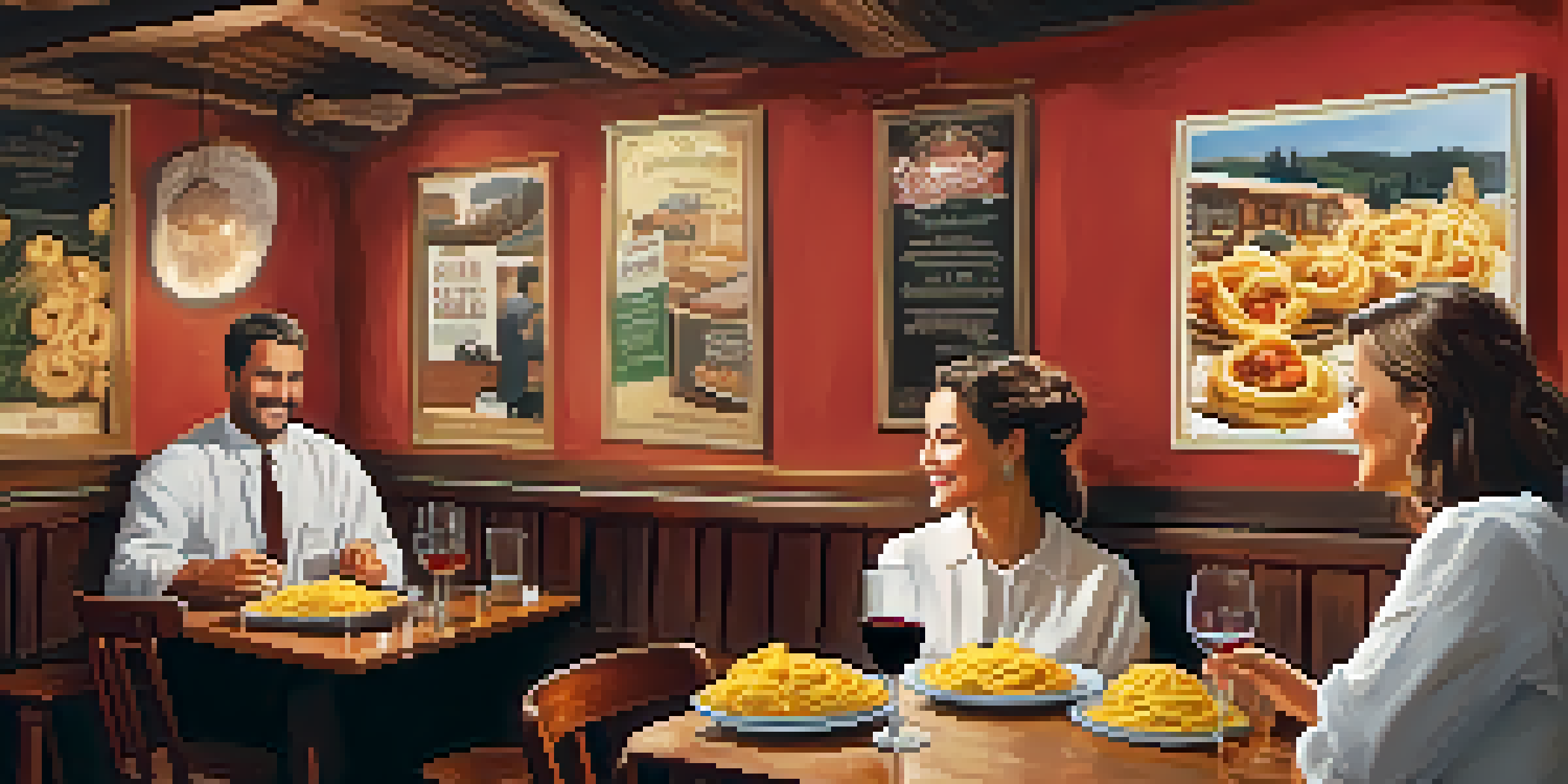 Interior of a cozy Italian restaurant with wooden tables, warm lighting, and a table set with homemade pasta and wine.