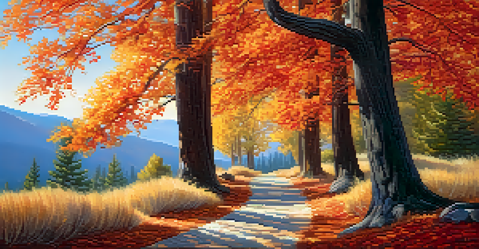 A calm fall landscape in Big Bear with a hiking path surrounded by trees in vibrant autumn colors, leading towards mountains under gentle morning light.