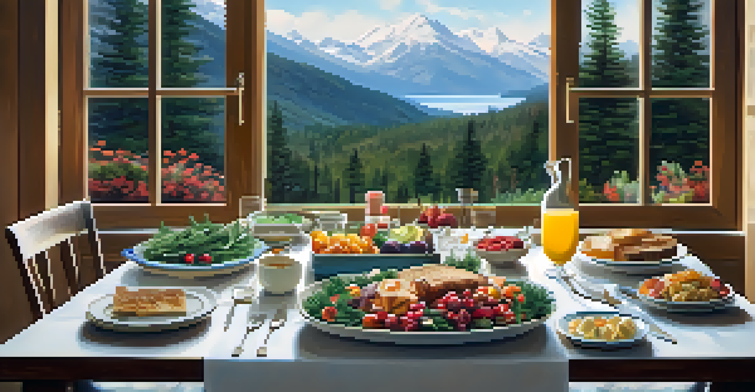 A beautifully arranged dining table with healthy meals, set against a view of mountains and trees.