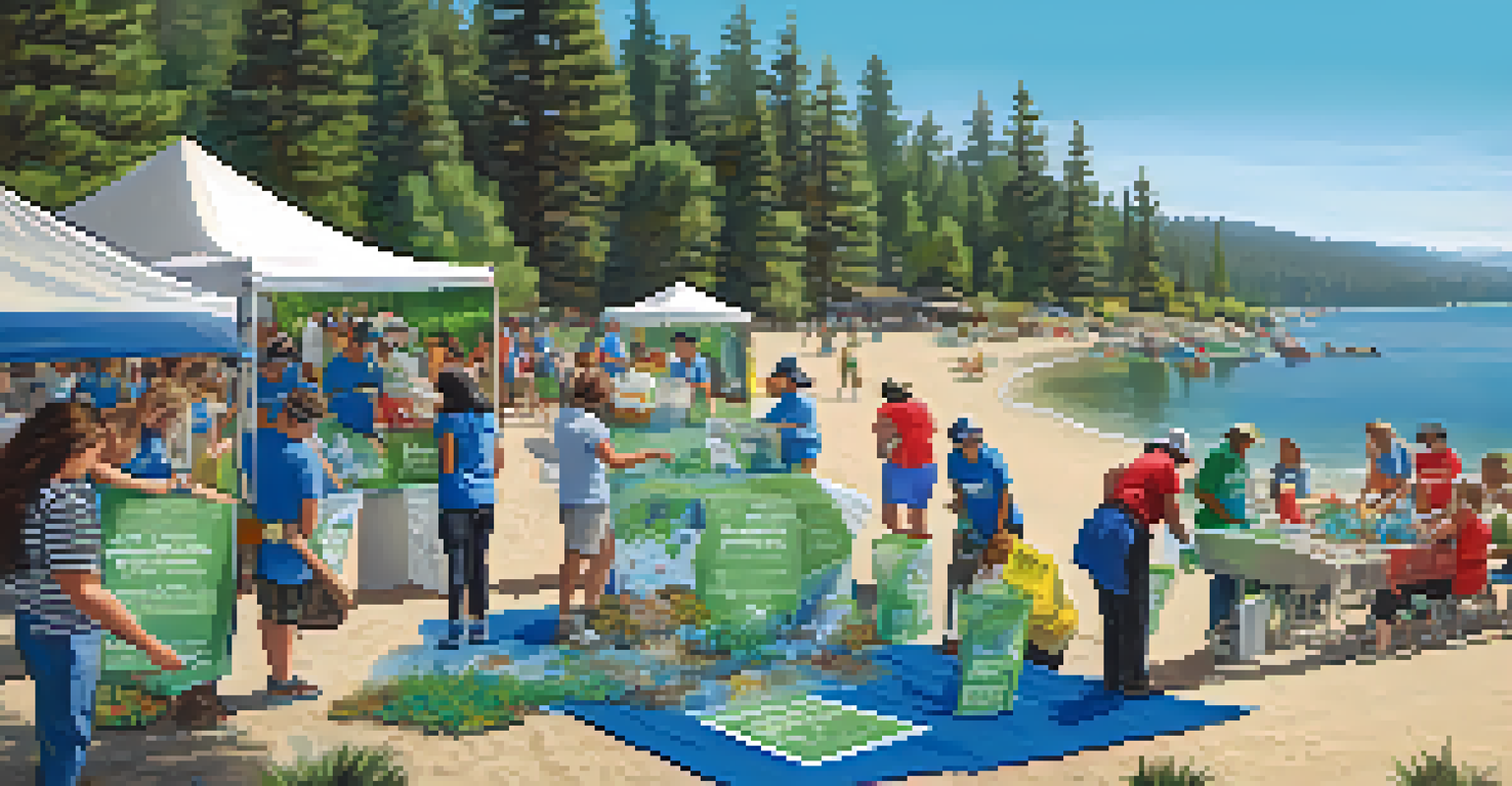 Volunteers participating in a cleanup event at Big Bear, collecting plastic waste with banners promoting sustainability in the background.