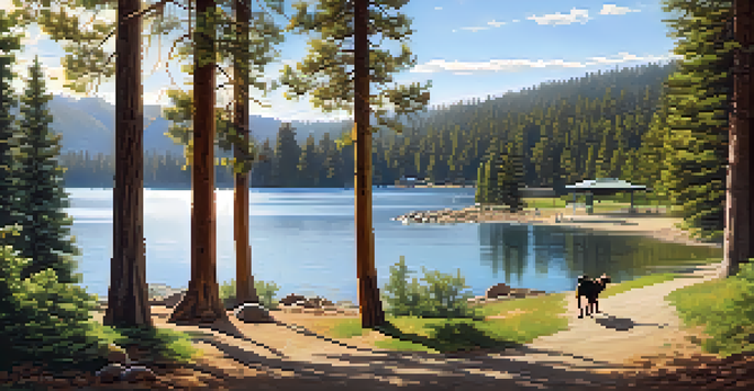 A picturesque view of Boulder Bay Park with a dog playing near the lake and families having a picnic.