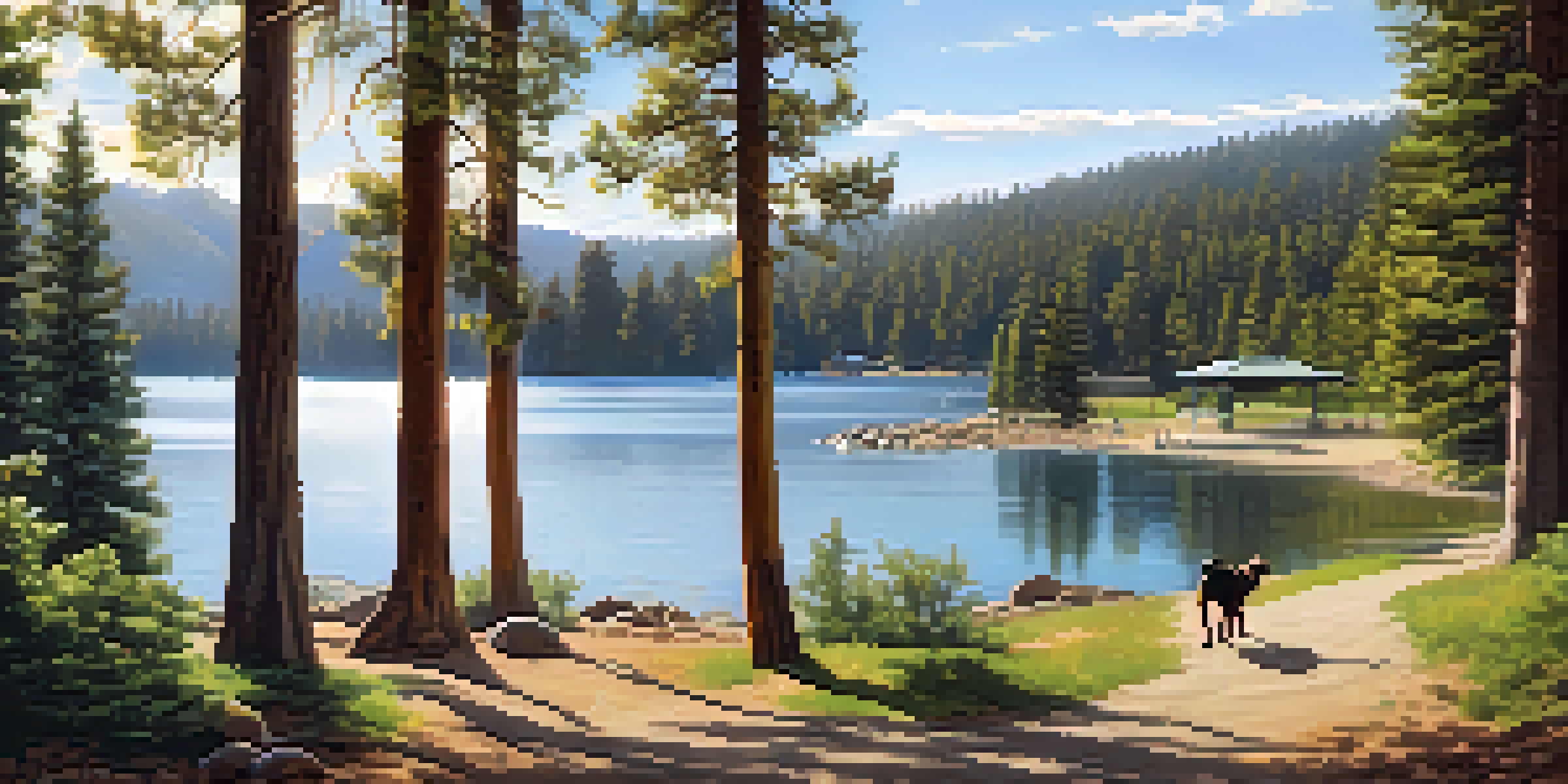 A picturesque view of Boulder Bay Park with a dog playing near the lake and families having a picnic.
