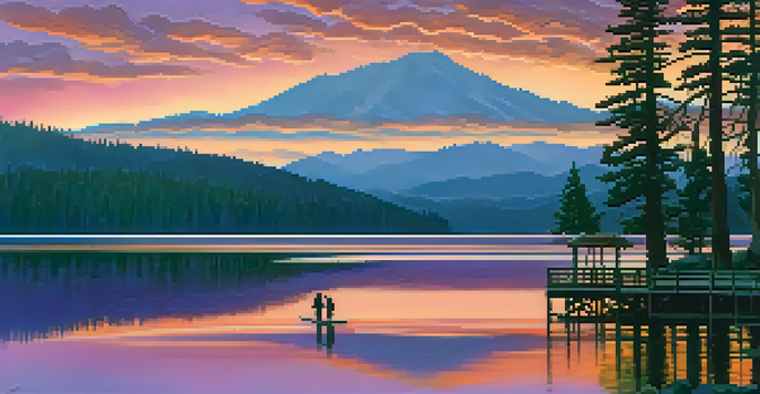 A picturesque lakeside sunset view in Big Bear, with a family taking photos on a pier.