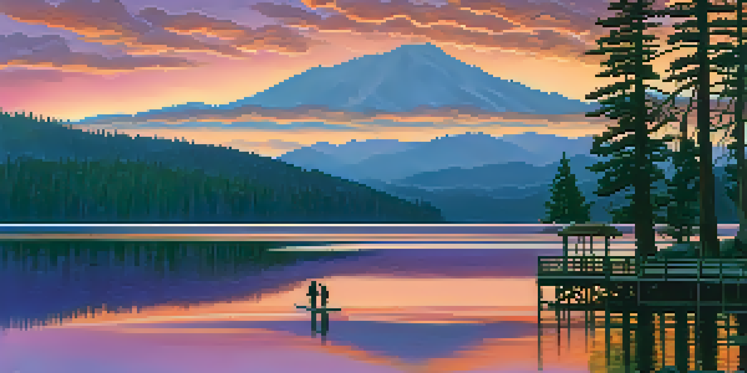 A picturesque lakeside sunset view in Big Bear, with a family taking photos on a pier.
