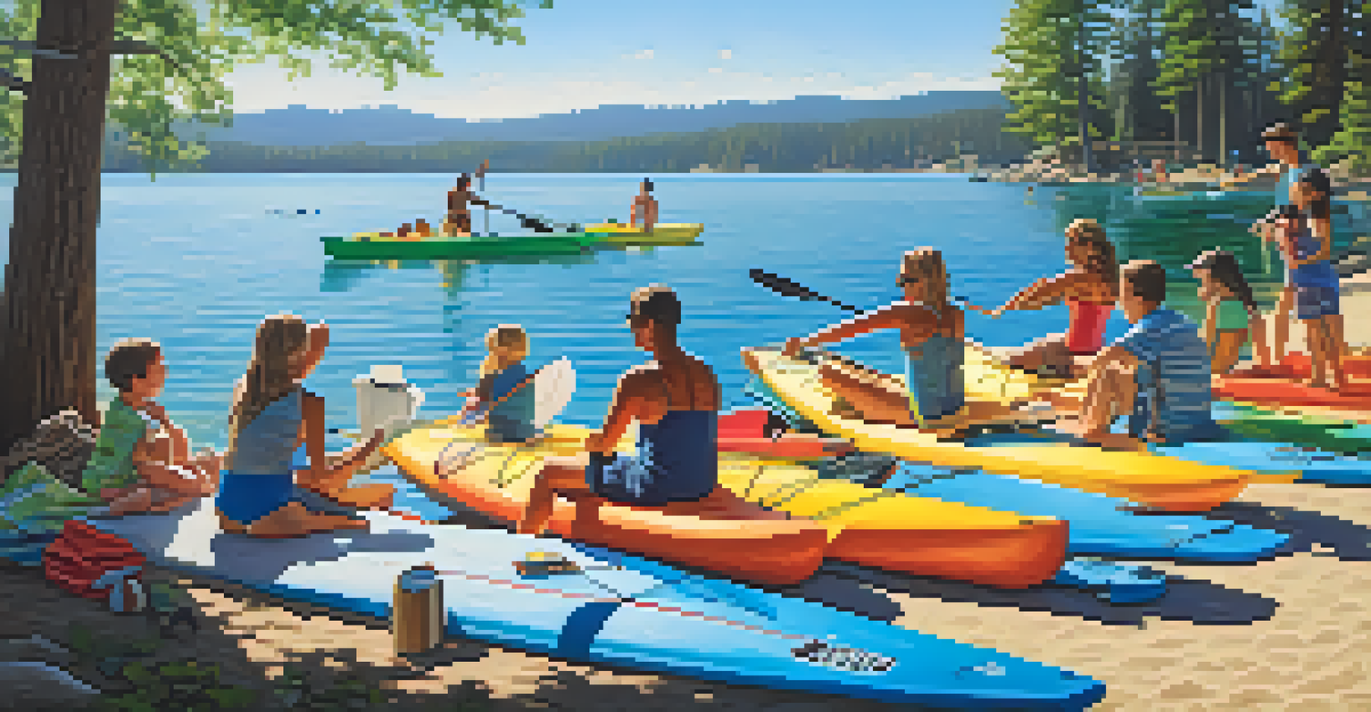 Families enjoying a sunny summer day at Big Bear Lake with activities like kayaking and paddleboarding.