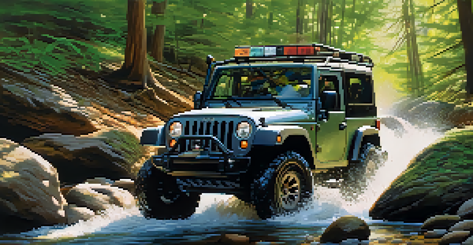 Off-road vehicles navigating through Holcomb Creek Trail surrounded by lush greenery and water crossings.