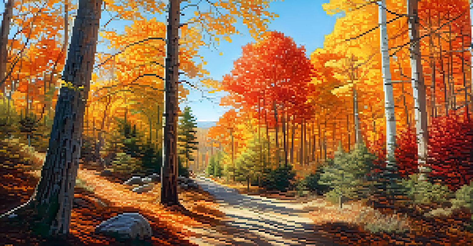 A colorful autumn landscape at Big Bear with trees in fall colors and a hiking trail winding through the forest.