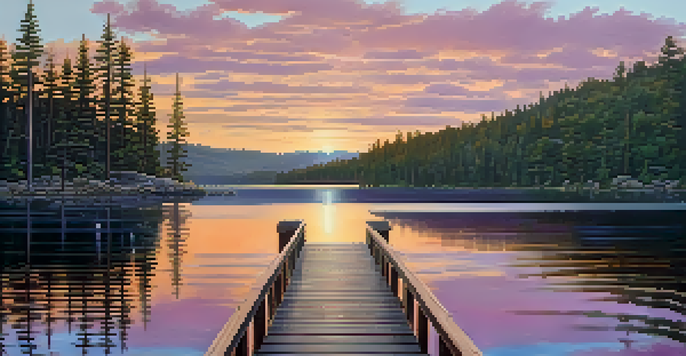 A beautiful sunrise over Big Bear Lake with reflections on the water and a wooden dock in the foreground.