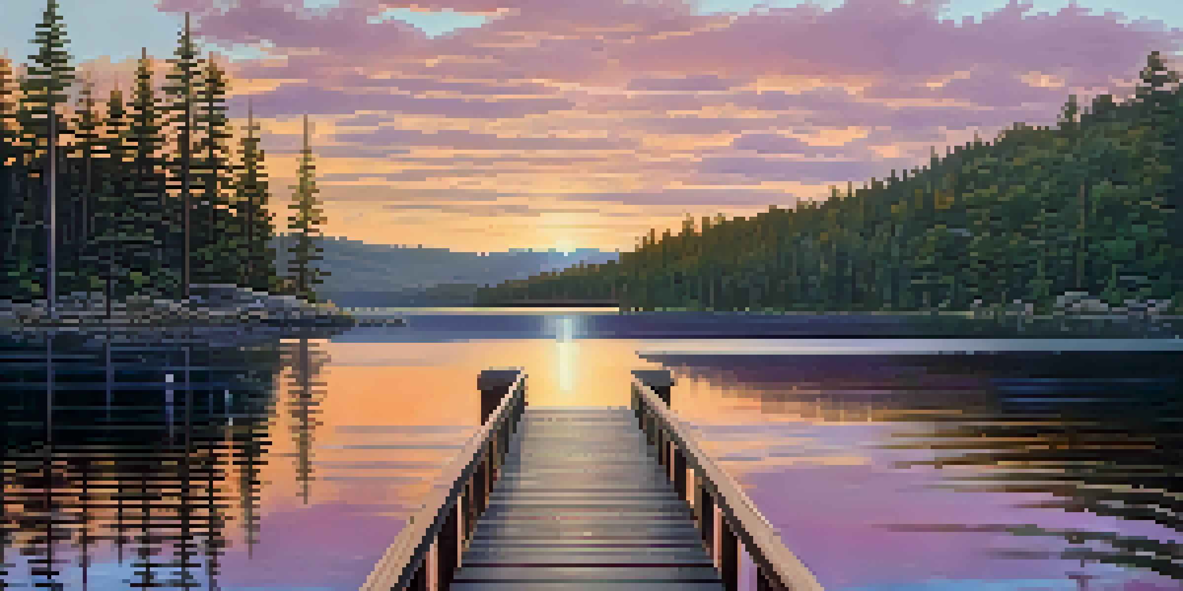 A beautiful sunrise over Big Bear Lake with reflections on the water and a wooden dock in the foreground.