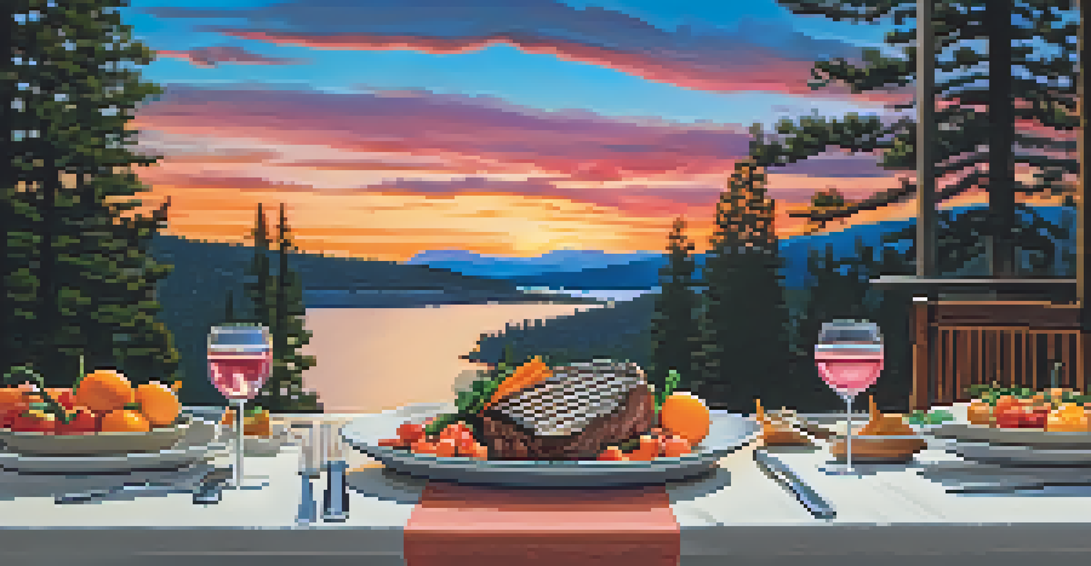 A beautifully arranged dinner plate with steak and vegetables, set against a scenic sunset over a lake.