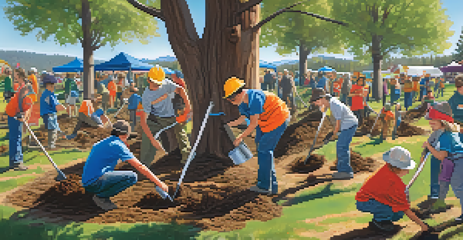 Volunteers planting trees in a sunny park in Big Bear, with colorful banners promoting sustainability in the background.