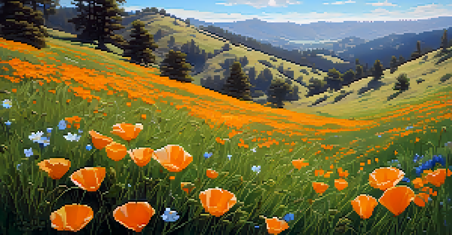 A colorful meadow of California Poppies in spring with rolling hills and a bright blue sky.
