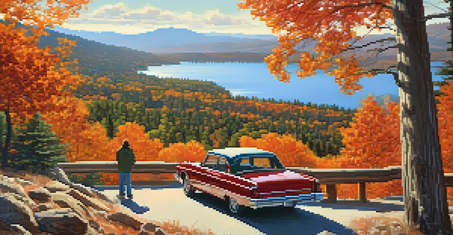 A scenic overlook on Big Bear Lake Loop with autumn trees, a parked car, and a family having a picnic, showcasing the vibrant fall colors.