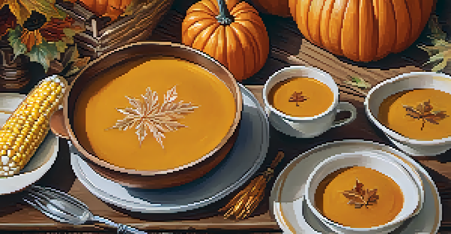 A rustic table featuring autumn-inspired dishes like pumpkin soup, apple pie, and roasted corn, showcasing the flavors of fall.