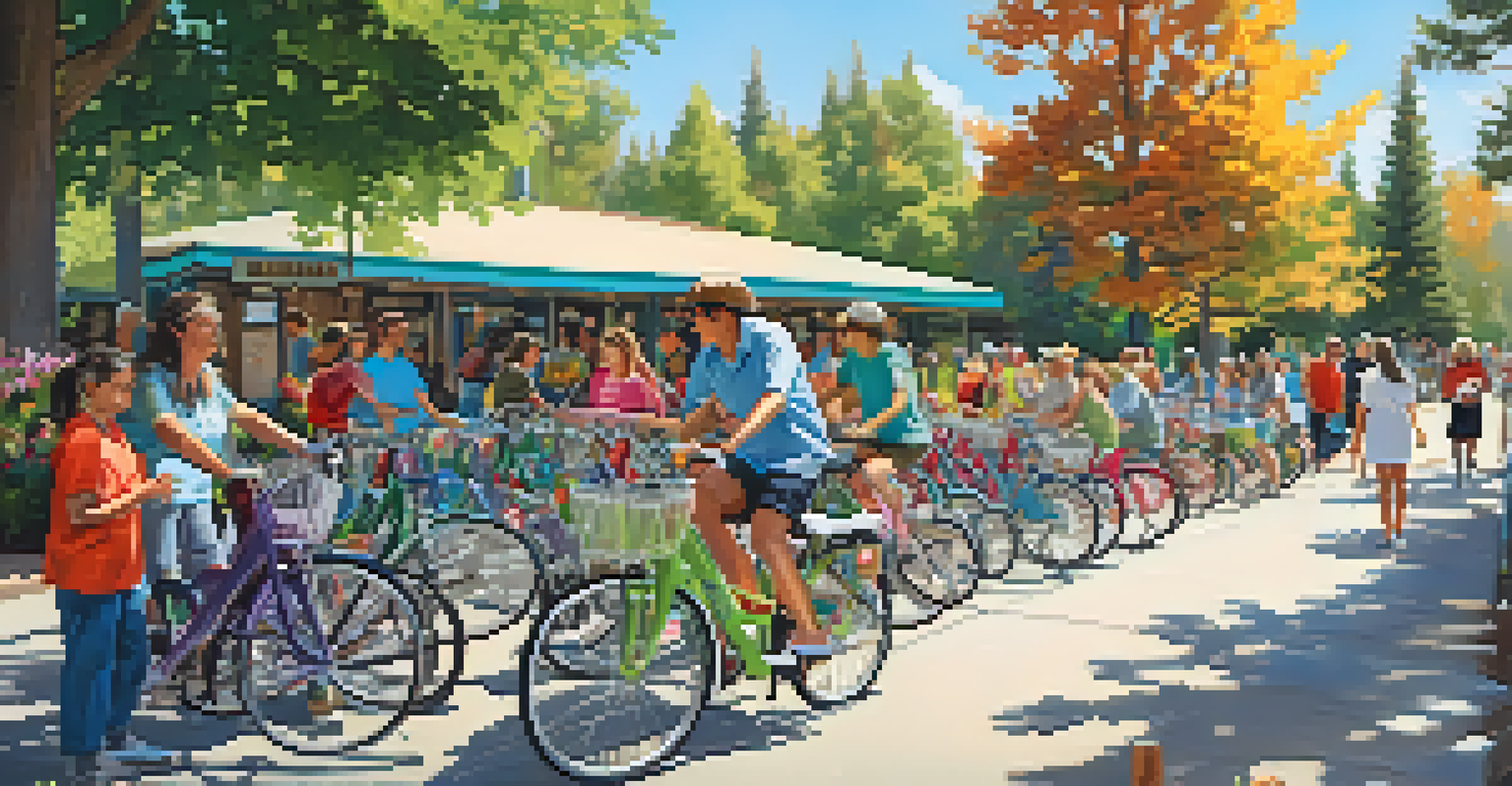 A vibrant bike-sharing station in Big Bear with residents selecting bikes, surrounded by a park filled with flowers and trees.