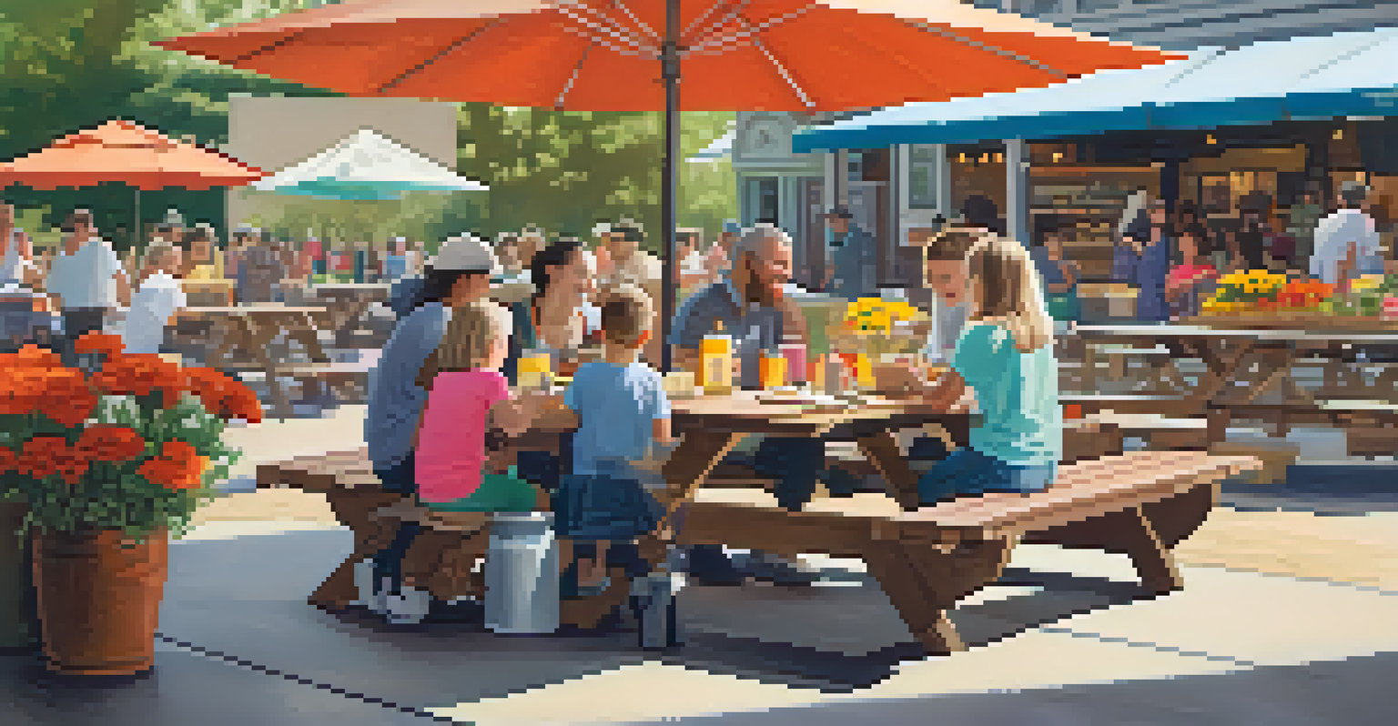 Families sharing breakfast at picnic tables in a farmers market, surrounded by colorful flowers and bustling stalls, creating a warm community atmosphere.