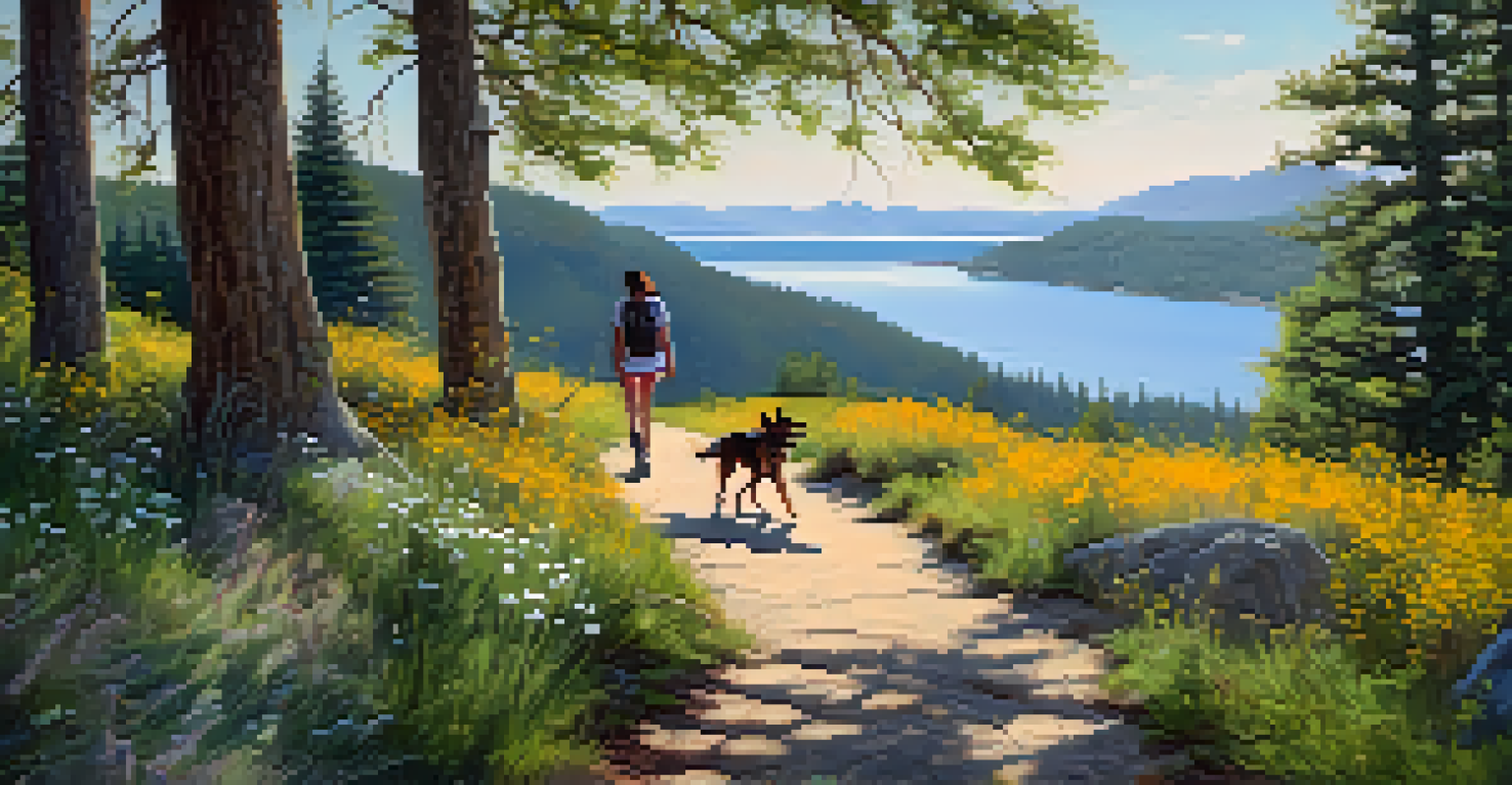 A person hiking with their dog on a scenic trail with views of the lake and mountains.