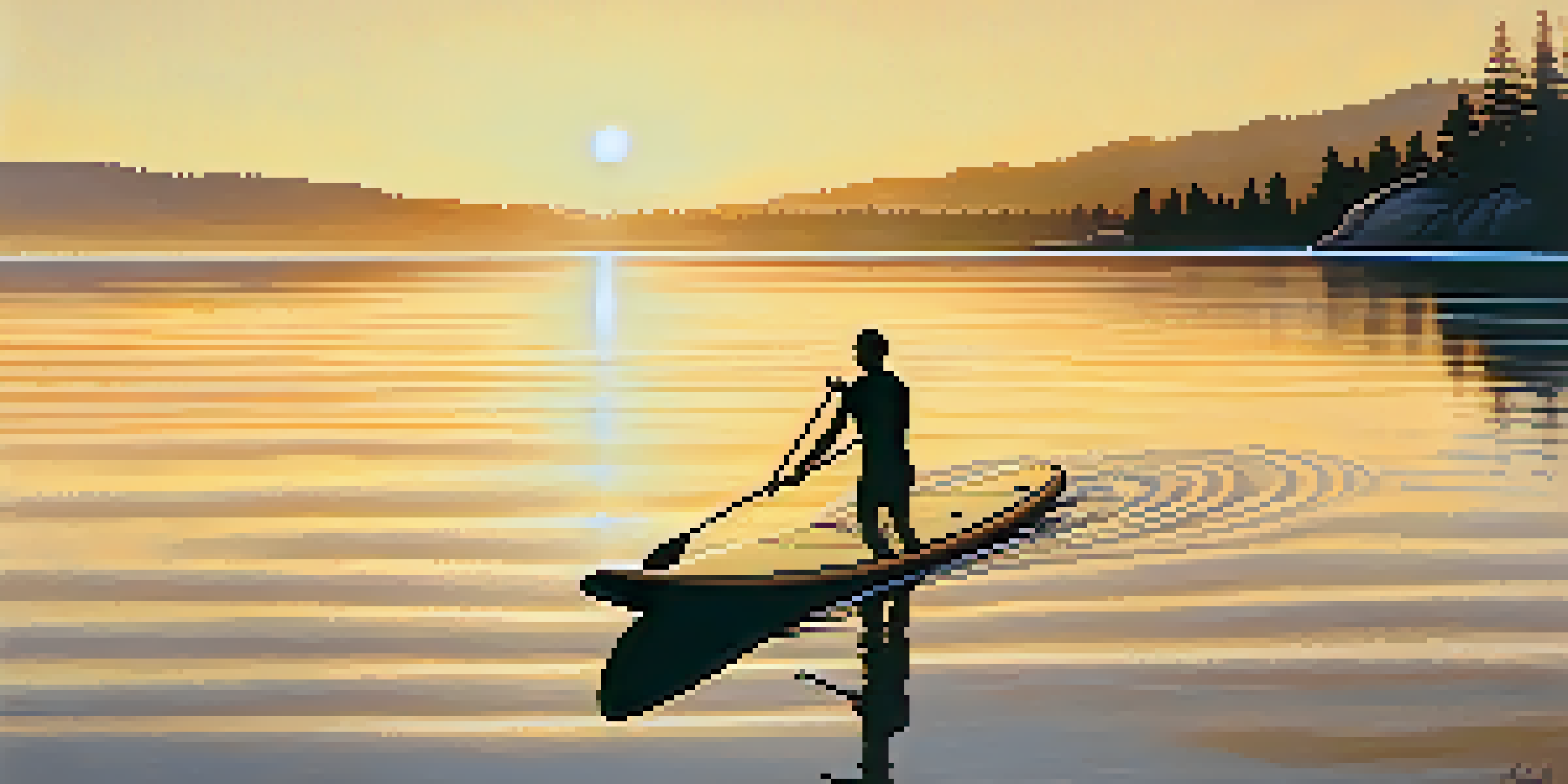 A peaceful morning at Big Bear Lake with calm waters reflecting trees and mountains, and a paddleboarder on the lake.