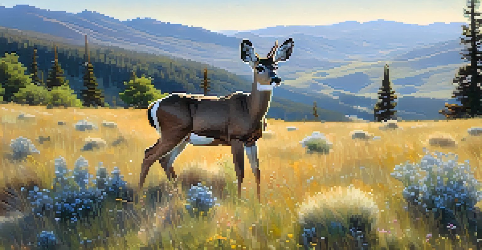 A mule deer peacefully grazing in a colorful meadow, surrounded by wildflowers and a bright blue sky.