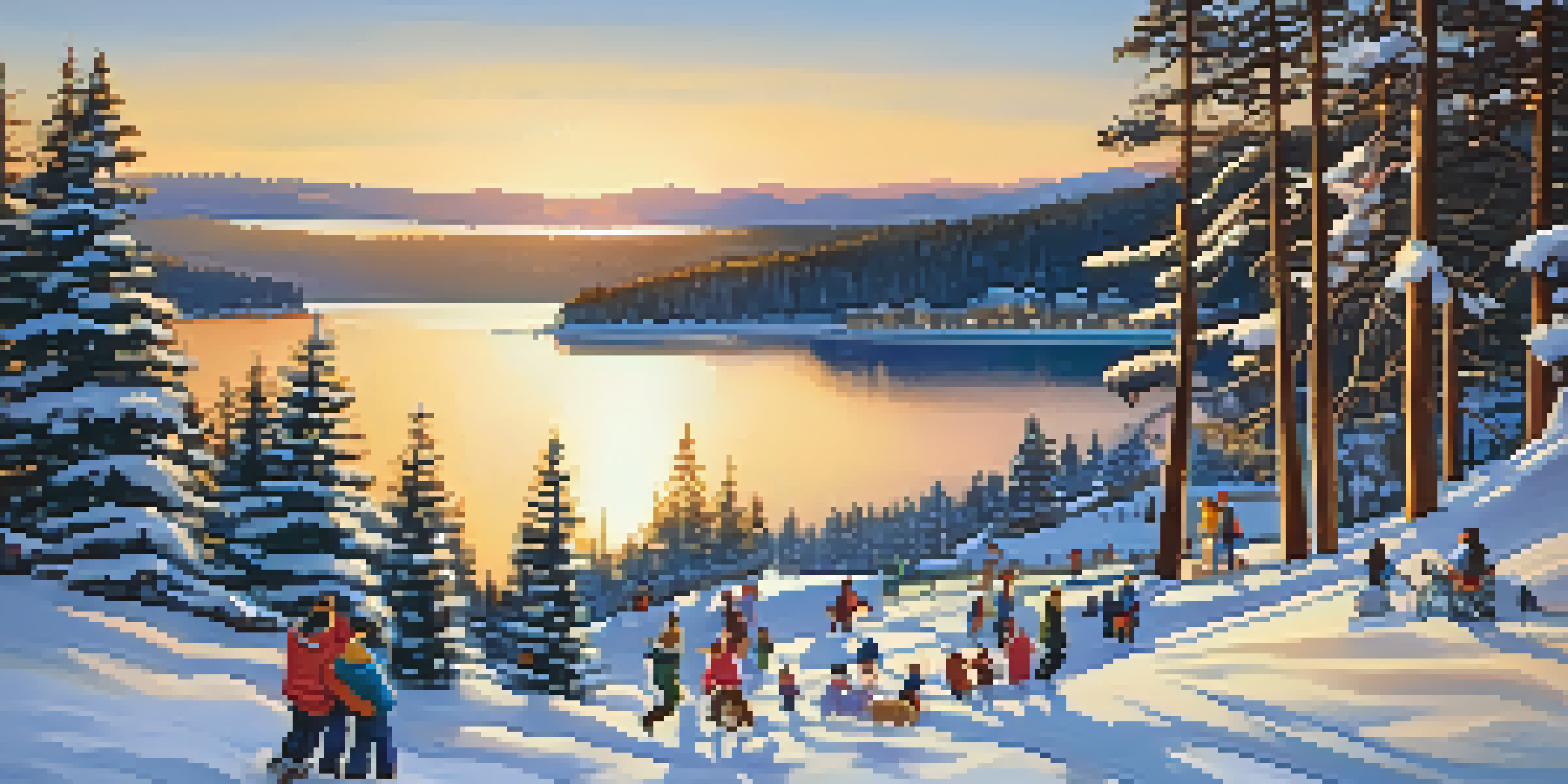 A beautiful winter landscape of Big Bear Lake with snow-covered trees, holiday lights, and families playing in the snow during sunset.
