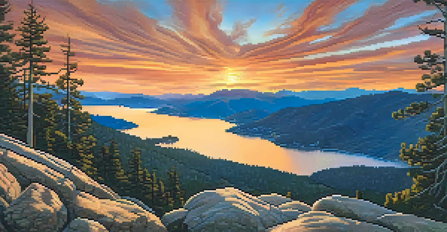 A breathtaking sunset from Castle Rock Trail overlooking Big Bear Lake, with vibrant colors in the sky and reflections on the water.