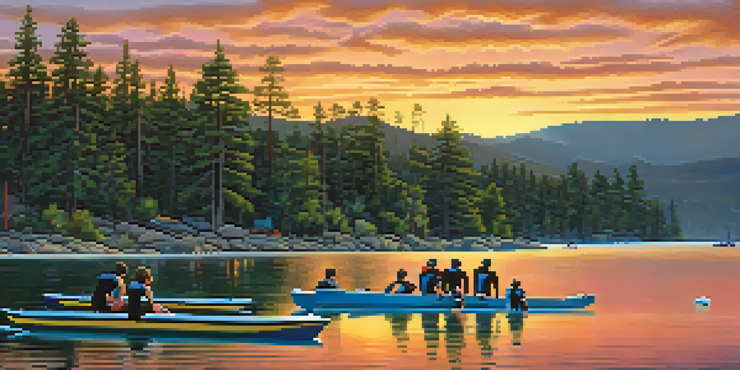 A picturesque sunset over Big Bear Lake with triathletes preparing to swim in the foreground.