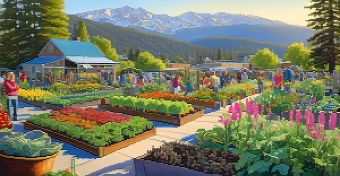 A colorful community garden in Big Bear with families gardening together under a bright sun and the mountains in the background.