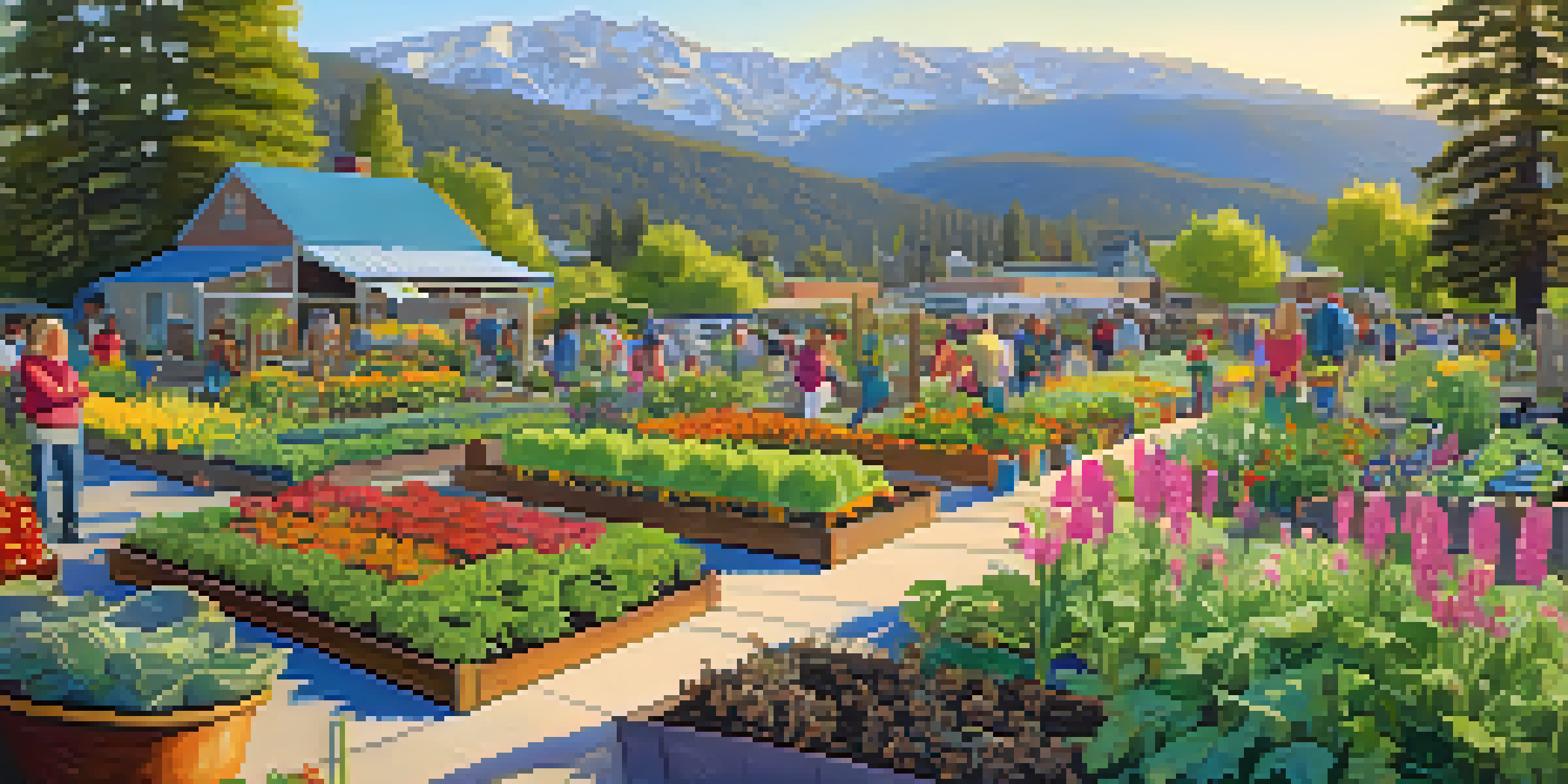 A colorful community garden in Big Bear with families gardening together under a bright sun and the mountains in the background.