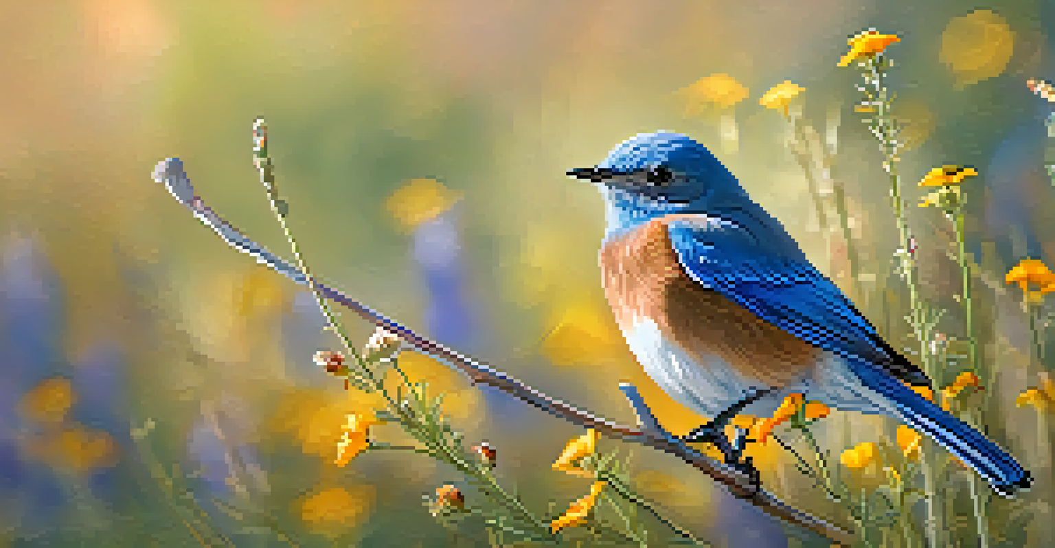 A close-up of a Western Bluebird sitting on a branch surrounded by colorful wildflowers.