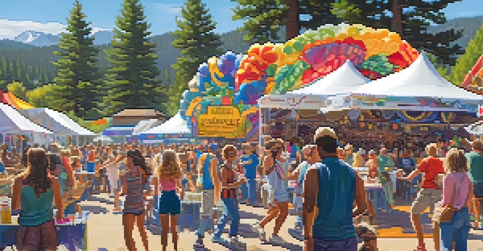 A lively outdoor music festival in Big Bear with a diverse crowd enjoying performances amidst colorful decorations and food vendors.