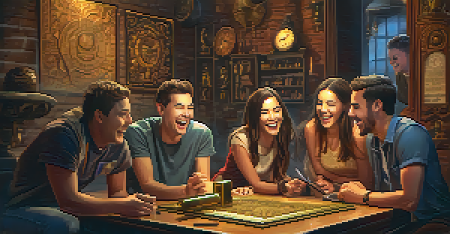 A group of friends working together in an escape room, with themed decorations and warm lighting emphasizing their enjoyment.