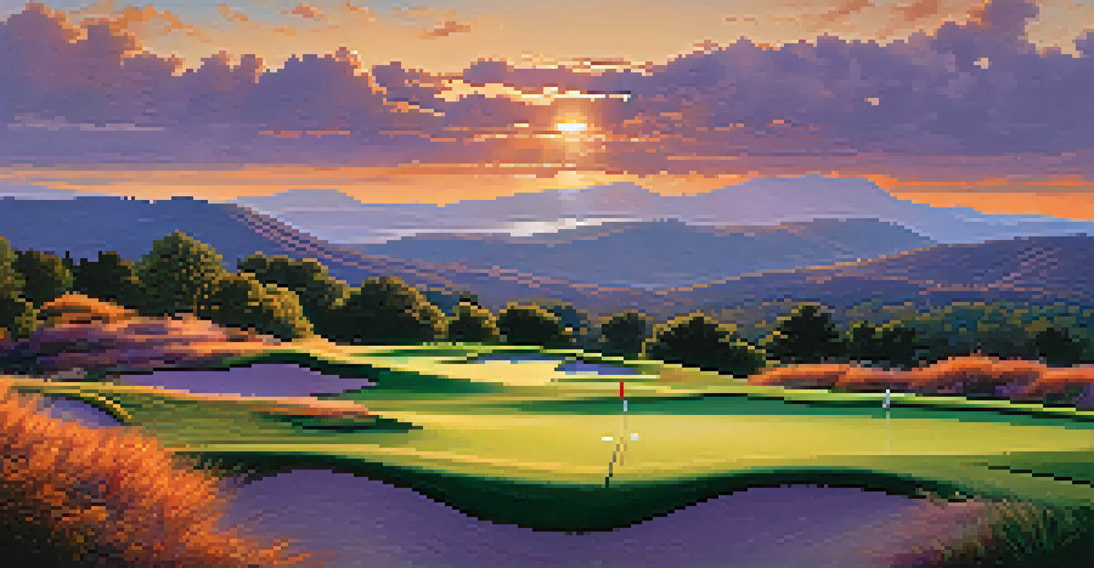 A scenic sunset view of Bear Mountain Golf Course with hills, bunkers, and mountains in the background, featuring warm colors of the setting sun.